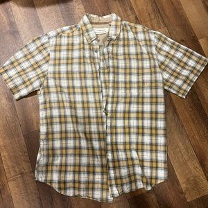 R-options Yellow and Green Plaid Short Sleeve Button Up Large Shirt